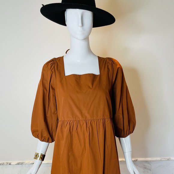 OAK + FORT Dresses & Skirts - ❤️ OAK + FORT POPLIN MIDI DRESS RUST BROWN BOHO COTTAGE CORE PUFF SLEEVE DRESS